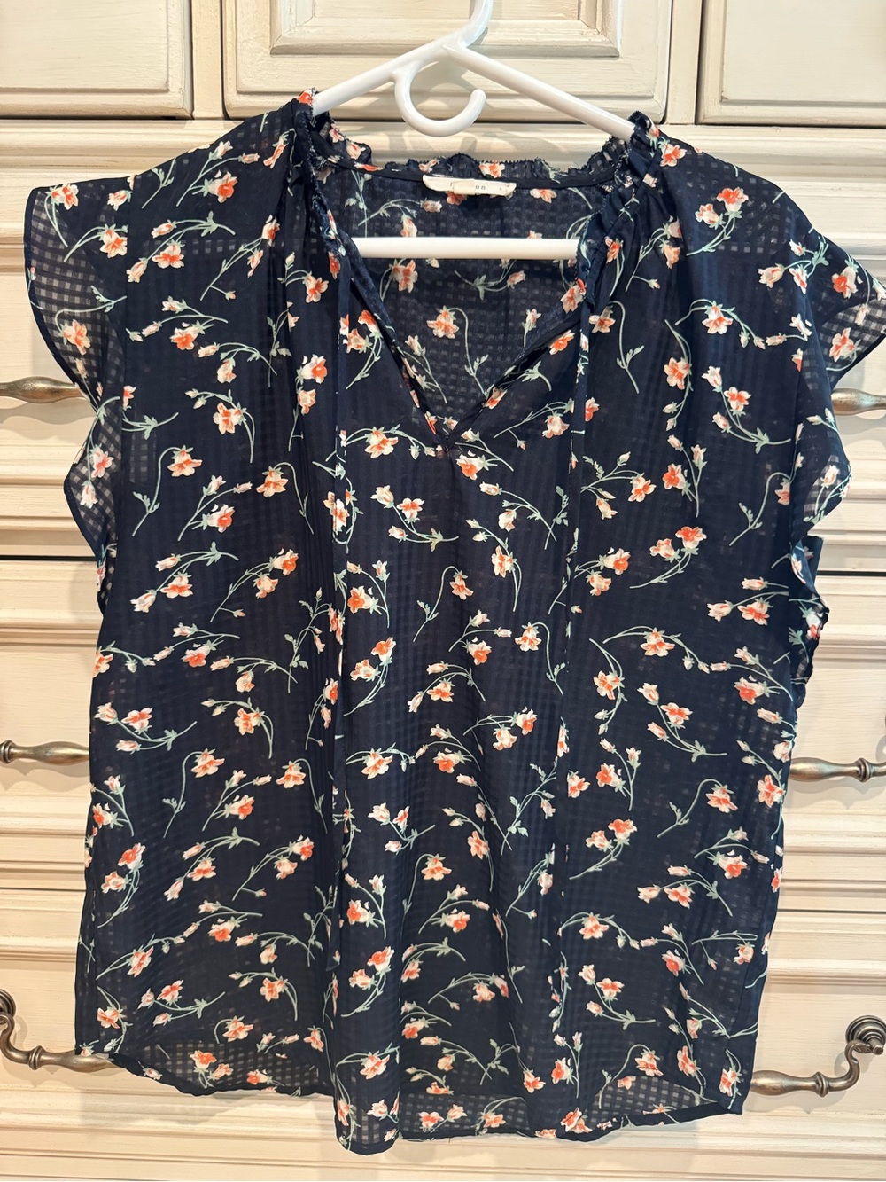 fun 2 fun Navy Floral V-Neck Blouse with Orange Blossoms